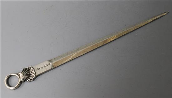 A George III silver meat skewer, Eley, Fearn & Chawner, London, 1814, 31.2cm.